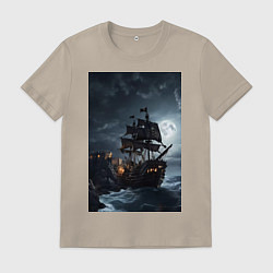 Футболка хлопковая мужская Пиратский корабль в шторм, цвет: миндальный