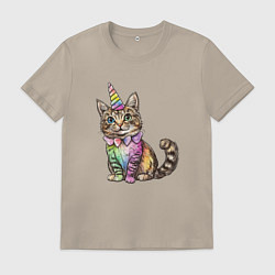 Футболка хлопковая мужская Праздничный котик в колпаке единорога, цвет: миндальный