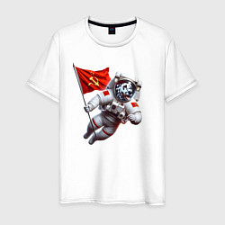 Футболка хлопковая мужская Далматинец космонавт с красным флагом СССР, цвет: белый
