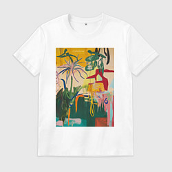 Футболка хлопковая мужская Тропическая цветочная абстракция, цвет: белый