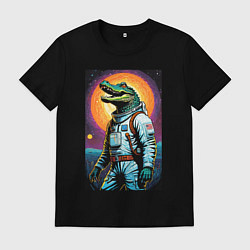 Футболка хлопковая мужская Крокодил бравый космонавт - нейроарт, цвет: черный