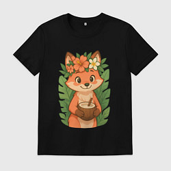 Футболка хлопковая мужская Тропическая лисичка, цвет: черный
