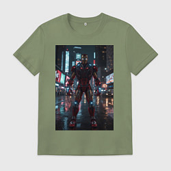 Футболка хлопковая мужская Железный человек посреди ночного города, цвет: авокадо