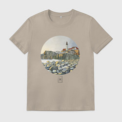 Футболка хлопковая мужская Акварельный маяк в круге, цвет: миндальный
