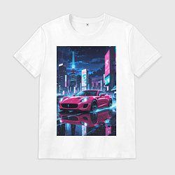 Футболка хлопковая мужская Вишневый спорткар по мокрой дороге, цвет: белый