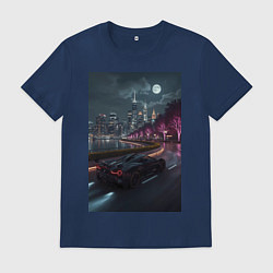 Футболка хлопковая мужская Черный суперкар едет к мегаполису, цвет: тёмно-синий