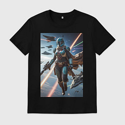 Футболка хлопковая мужская Девушка-мандалорец в космосе, цвет: черный