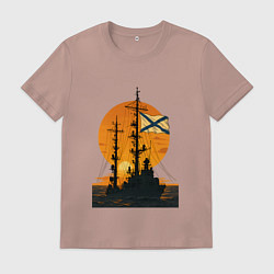 Футболка хлопковая мужская Кораль на фоне заката ВМФ, цвет: пыльно-розовый