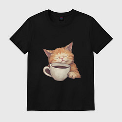 Футболка хлопковая мужская Уставший кот спит на кружке с кофе, цвет: черный