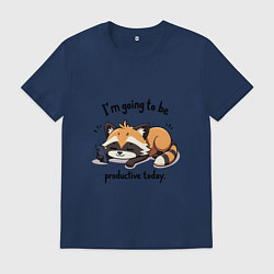 Футболка хлопковая мужская Продуктивный енот с телефоном, цвет: тёмно-синий