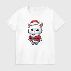 Футболка хлопковая мужская Белый кот дед мороз, цвет: белый