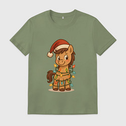 Футболка хлопковая мужская Лошадка в гирлянде, цвет: авокадо