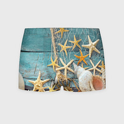 Трусы-боксеры мужские Натюрморт из сети, морских звёзд и ракушек - лето, цвет: 3D-принт