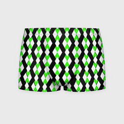 Трусы-боксеры мужские Зелёные и белые ромбы на чёрном фоне, цвет: 3D-принт