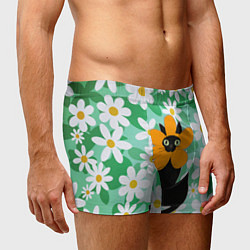 Трусы-боксеры мужские Черный кот хиппи в костюме цветочка, цвет: 3D-принт — фото 2
