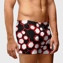 Трусы-боксеры мужские Красно-белые шестиугольники на чёрном фоне, цвет: 3D-принт — фото 2