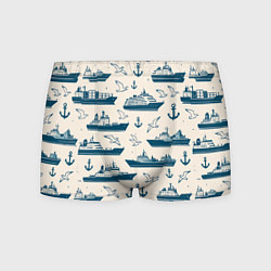 Трусы-боксеры мужские Морской паттерн из чаек, якорей и кораблей, цвет: 3D-принт