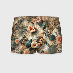 Трусы-боксеры мужские Цветы на кусках мрамора и леопардовом узоре, цвет: 3D-принт