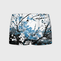 Трусы-боксеры мужские Абстракция чёрное дерево с синими цветами, цвет: 3D-принт