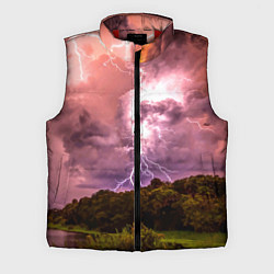 Мужской жилет Грозовые разряды молний над лесным озером, цвет: 3D-красный