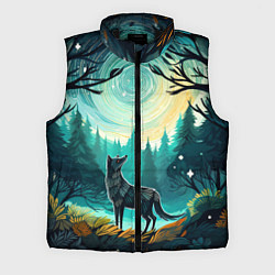 Мужской жилет Волк в ночном лесу фолк-арт, цвет: 3D-черный