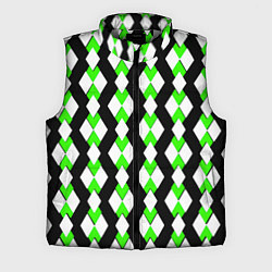 Мужской жилет Зелёные и белые ромбы на чёрном фоне, цвет: 3D-светло-серый