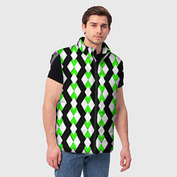 Мужской жилет Зелёные и белые ромбы на чёрном фоне, цвет: 3D-светло-серый — фото 2
