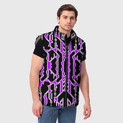 Мужской жилет Техно фиолетовые линии с белой обводкой на чёрном, цвет: 3D-светло-серый — фото 2