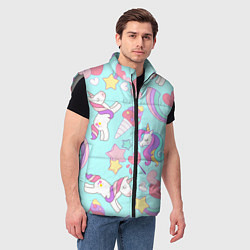 Мужской жилет Единорог мороженое конфета и сердечки на голубом ф, цвет: 3D-светло-серый — фото 2