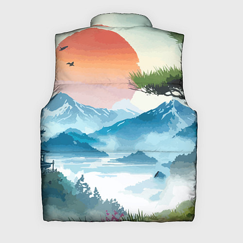 Мужской жилет Восход красного солнца - Японский пейзаж / 3D-Светло-серый – фото 2