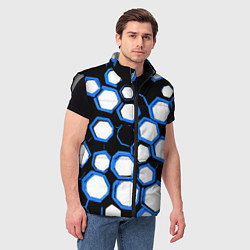 Мужской жилет Бело-синие шестиугольники на чёрном фоне, цвет: 3D-светло-серый — фото 2