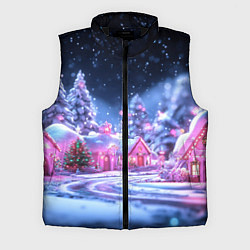 Мужской жилет Неоновые новогодние домики, цвет: 3D-черный