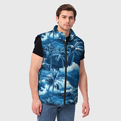Мужской жилет Пальмы и волны - голубые оттенки паттерн, цвет: 3D-черный — фото 2