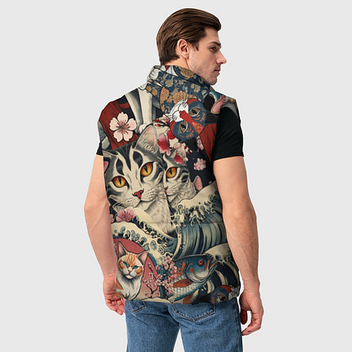 Мужской жилет Котики и рыбки в сакуре / 3D-Светло-серый – фото 4