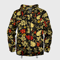 Ветровка с капюшоном мужская Хохлома золотые лебеди, цвет: 3D-черный