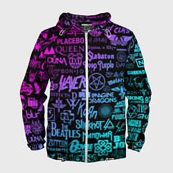 Ветровка с капюшоном мужская ЛОГОТИПЫ РОК ГРУПП, цвет: 3D-белый