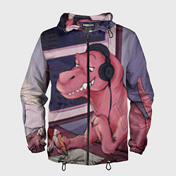 Ветровка с капюшоном мужская ДИНОЗАВР НА КАРАНТИНЕ, цвет: 3D-черный