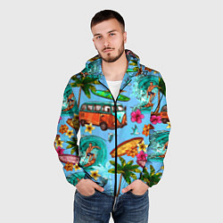 Ветровка с капюшоном мужская Пальмы, волны, серфинг, цвет: 3D-черный — фото 2