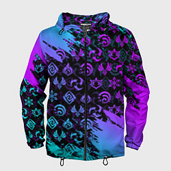 Ветровка с капюшоном мужская GENSHIN NEON PATTERN SYMBOL НЕОН ЭМБЛЕМЫ, цвет: 3D-черный