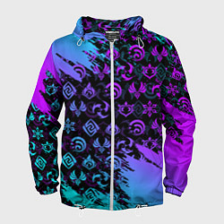 Ветровка с капюшоном мужская GENSHIN NEON PATTERN SYMBOL НЕОН ЭМБЛЕМЫ, цвет: 3D-белый