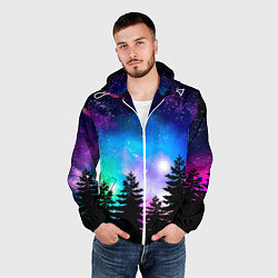 Ветровка с капюшоном мужская Космический лес, елки и звезды, цвет: 3D-белый — фото 2
