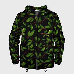 Ветровка с капюшоном мужская Яркие зеленые листья на черном фоне, цвет: 3D-черный