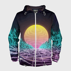 Ветровка с капюшоном мужская Vaporwave Закат солнца в горах Neon, цвет: 3D-белый