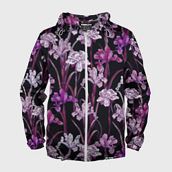 Ветровка с капюшоном мужская Цветы Фиолетовые Ирисы, цвет: 3D-белый