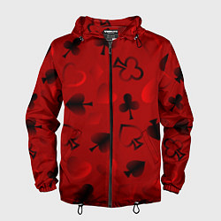 Ветровка с капюшоном мужская Карты карточные масти на красном фоне, цвет: 3D-черный