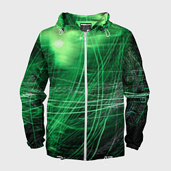 Ветровка с капюшоном мужская Неоновые волны и линии - Зелёный, цвет: 3D-белый