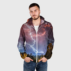 Ветровка с капюшоном мужская Грозовые разряды молний над лесом, цвет: 3D-белый — фото 2