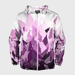 Ветровка с капюшоном мужская Мозаичный узор в розовых и сиреневых тонах на бело, цвет: 3D-белый
