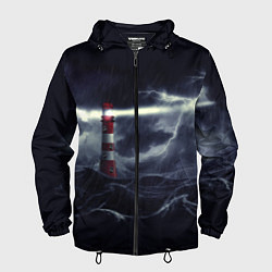 Ветровка с капюшоном мужская Маяк и штормовое море в ночи, цвет: 3D-черный
