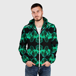 Ветровка с капюшоном мужская Зелёные абстрактные полосы фракталов, цвет: 3D-белый — фото 2